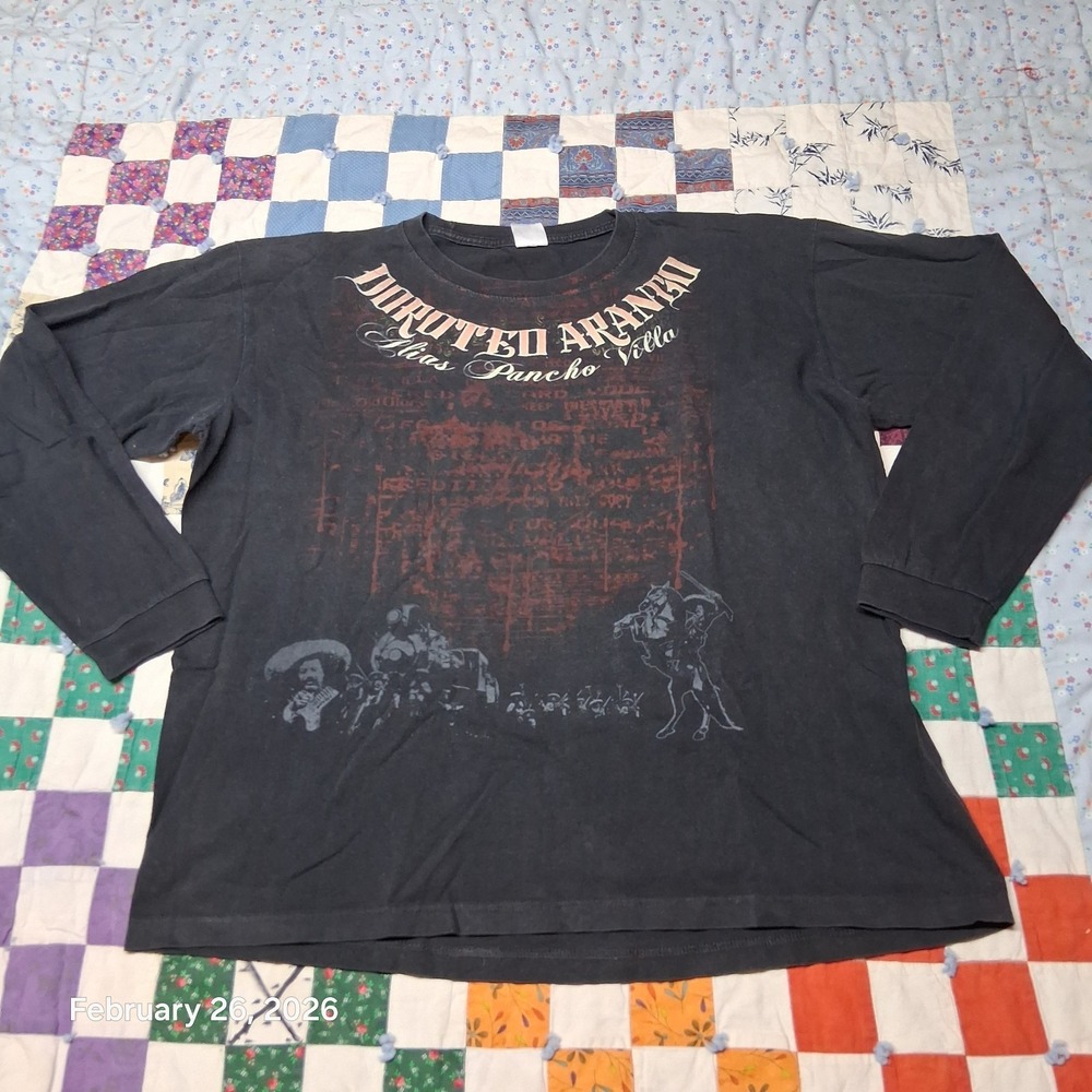 Vintage Pancho Villa Shirt Adult XL Black Long Sleeve Double‎ Sided Graphic Y2K